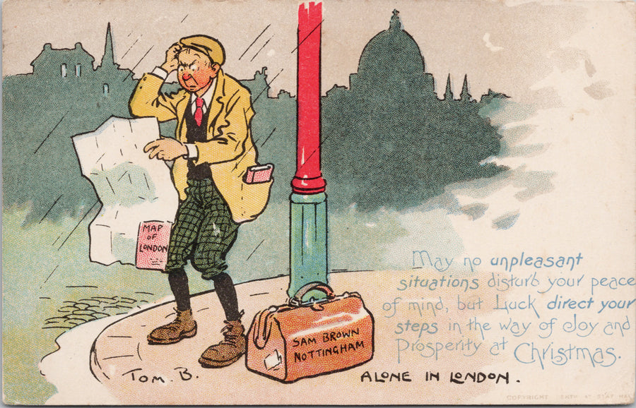Tom Browne Comic 'Alone in London' England Man with Map Suitcase Postcard