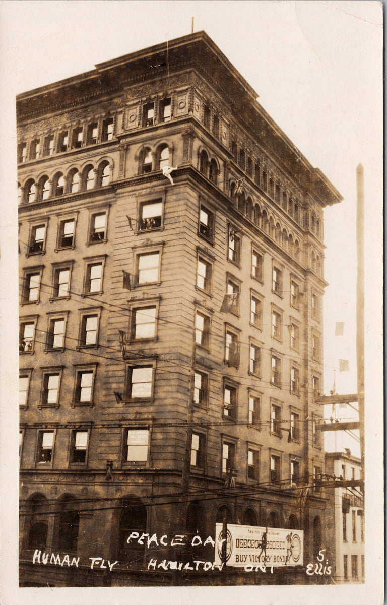 Hamilton Ontario Peace Day Human Fly Climbing Building Ellis RPPC Postcard 