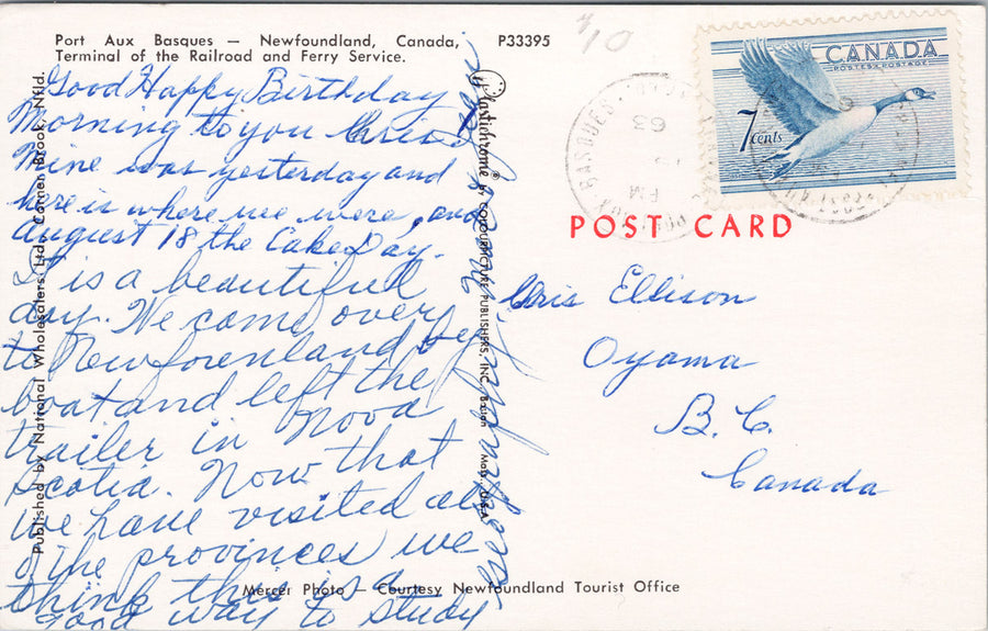 Port Aux Basques Newfoundland NL NFLD Terminal of Railroad & Ferry with 7 cent Canada Goose Stamp Postcard SP14