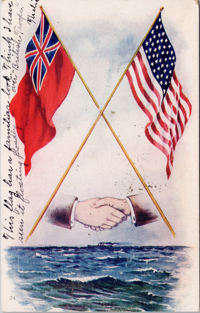 Hands Across Sea Patriotic Flags American USA Red Ensign England c1906 (to Mrs Alfred Ruckle, Victoria BC) Postcard 