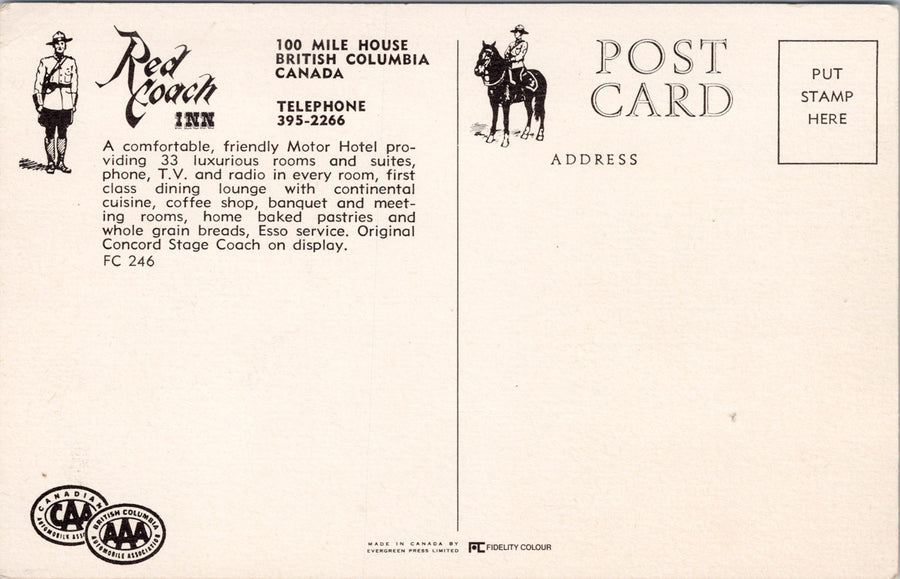 100 Mile House BC Red Coach Inn Motor Hotel Multiview Vintage Postcard SP14