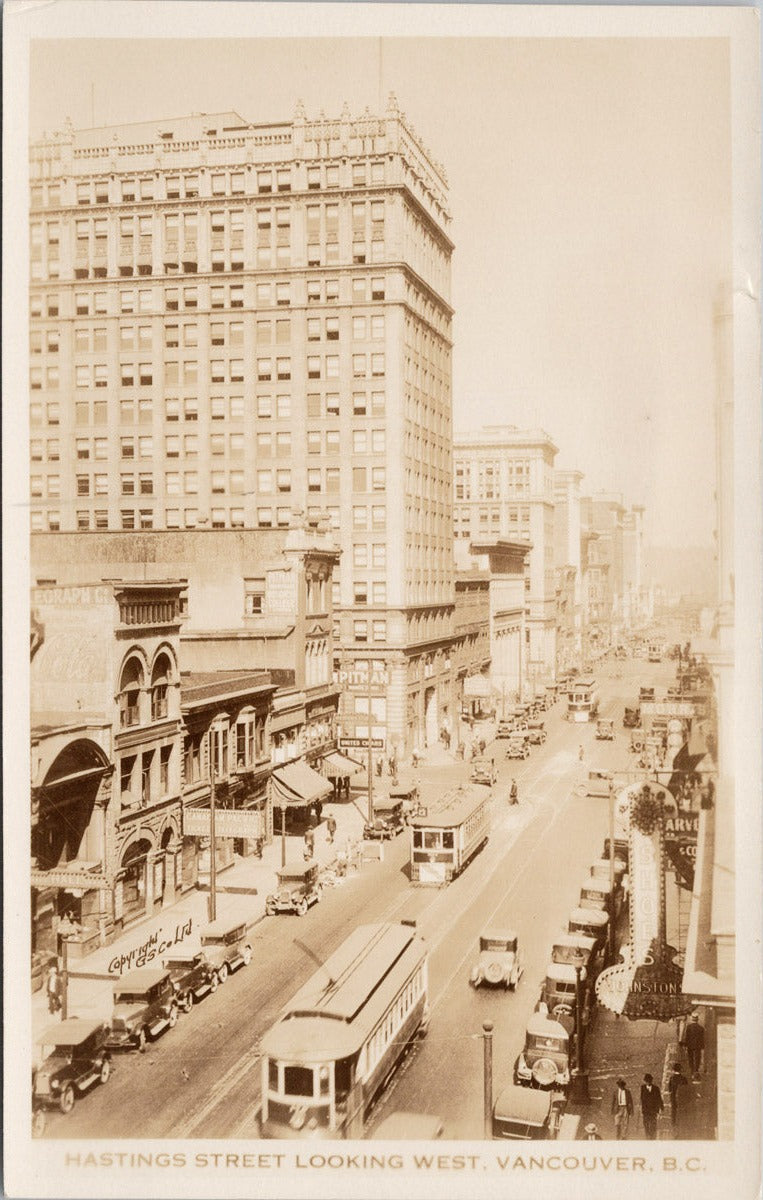 Hastings Street Vancouver BC British Columbia Streetcars Trolleys Johnston's Sign Postcard SP14 *as is