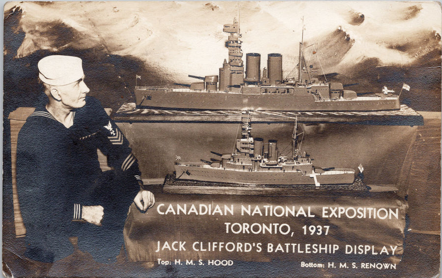 Toronto ON Jack Clifford Battleship Display CNE 1937 HMS Hood & HMS Renown RPPC Postcard