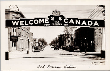 Fort Frances Ontario ON Welcome to Canada Sign Hibbert Neely RPPC Postcard