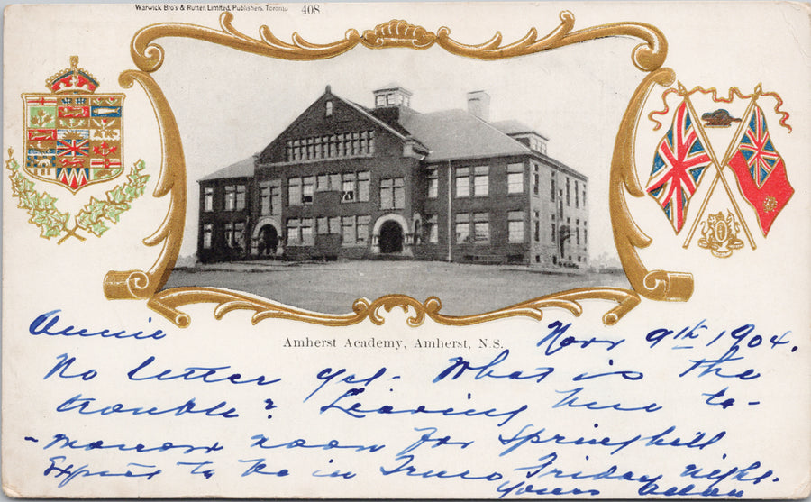 Amherst Academy Amherst NS Nova Scotia Patriotic Flags Shield c1904 Postcard