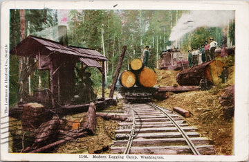 Modern Logging Camp Washington WA Loggers Railroad c1908 Postcard 