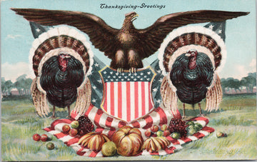 Thanksgiving Greetings USA Patriotic Turkey Eagle Shield Postcard 