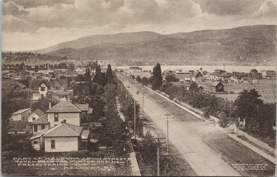 Kelowna BC Main Street from Presbyterian Church c1910 G.H.E. Hudson Postcard