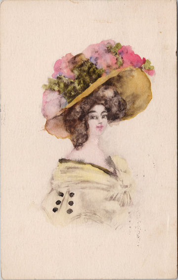 Artist Portrait of Victorian Woman Lady Glamour Fashion Large Hat c1910 Postcard