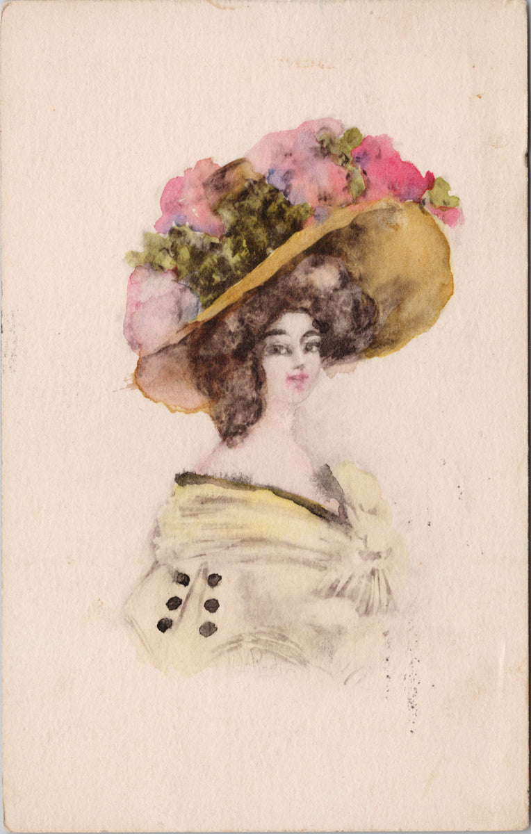 Artist Portrait of Victorian Woman Lady Glamour Fashion Large Hat c1910 Postcard