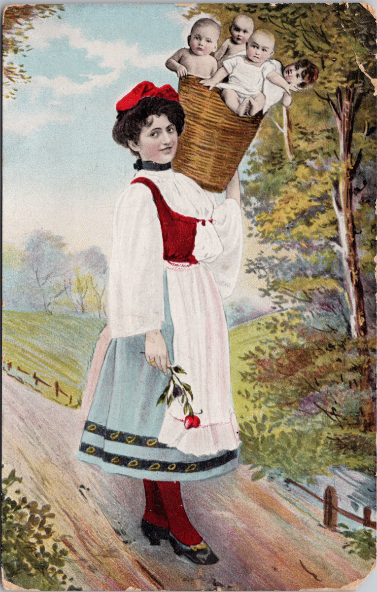 Woman with Babies in Basket Shoulder Children Mother Red Flower Postcard 