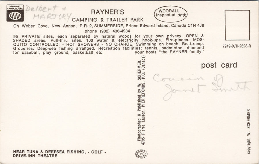 Rayner's Camping Trailer Park Summerside PE Weber Cove New Annan PEI Vintage Postcard SP14