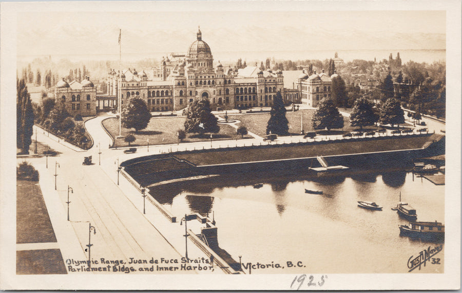 Victoria BC Parliament Buildings Harbour British Columbia Olympic Range Gus Maves RPPC Postcard