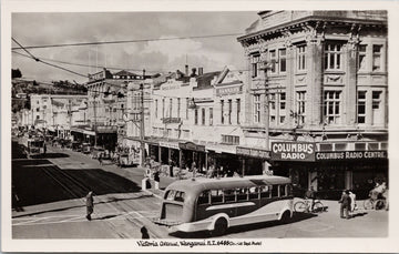 Victoria Avenue Wanganui NZ New Zealand Tramways Bus Columbus Radio Centre Tourist Dept Photo RPPC Postcard 