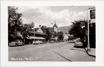 Vernon BC British Columbia Street View Vernon Civic Arena Sign Stedman Stores Liberal Rooms Banner Unused RPPC Postcard SP14