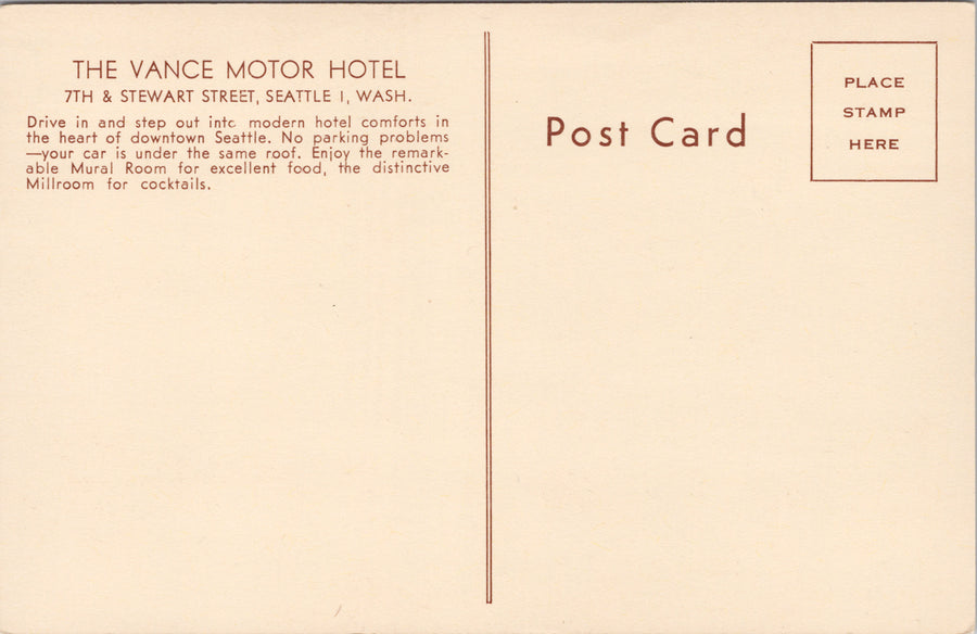 Vance Hotel Seattle WA Washington 7th & Stewart Advertising Postcard SP14