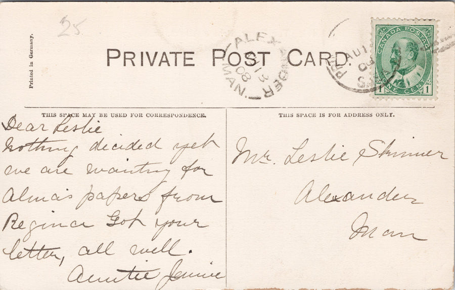 The Ferry Prince Albert SK Saskatchewan c1908 Alexander MB Cancel Postcard SP14