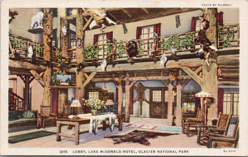 Lake McDonald Hotel Glacier National Park Lobby Hileman Linen Postcard