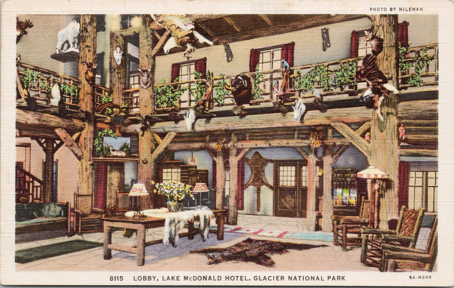 Lake McDonald Hotel Glacier National Park Lobby Hileman Linen Postcard