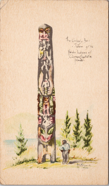 Grizzly Bear Totem Pole Haida Indigenous Queen Charlotte Islands BC Osborne Artist Postcard 