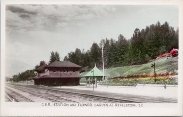 Revelstoke BC CPR Station  and Flower Garden Railway Train Depot RPPC Postcard