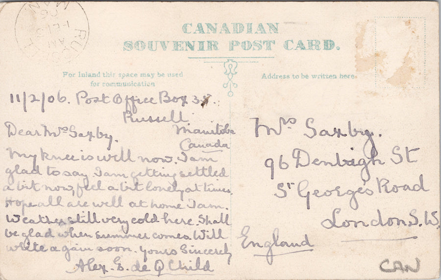 Post Office Winnipeg Manitoba MB Canada c1906 Russell MAN Cancel Postcard SP15