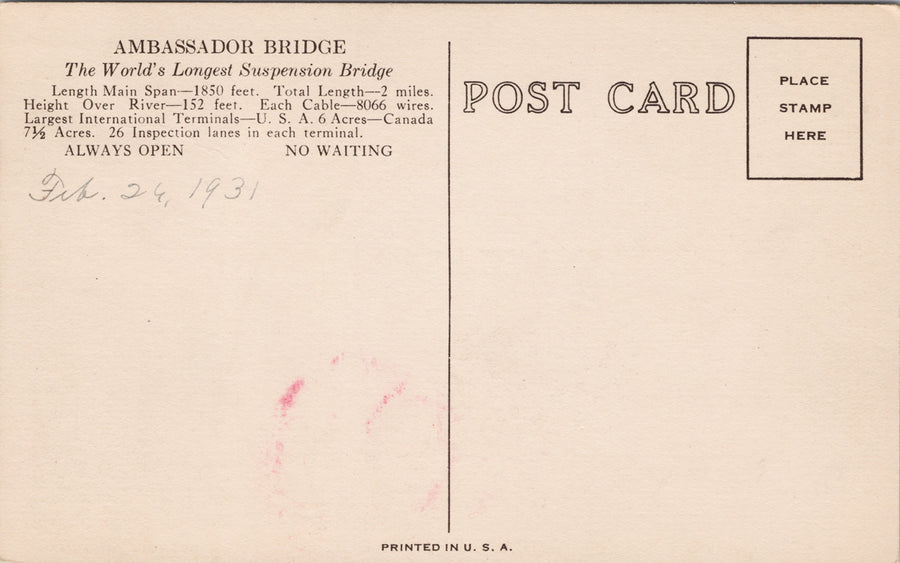 Ambassador Bridge Sandwich Windsor ON Detroit MI 1930s Postcard SP15