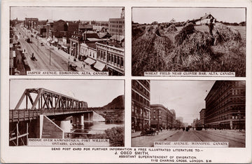 Jasper Ave Edmonton AB Portage Ave Winnipeg MB Bridge Fort William ON Clover Bar AB J. Obed Smith RPPC Postcard 