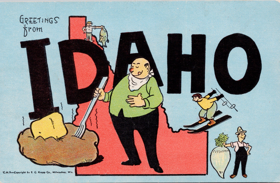 Large Letter Idaho Greetings ID Skiing Fishing Eating Blue Postcard 