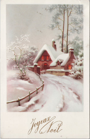 Joyeux Noel Merry Christmas Winter Scene House Postcard 