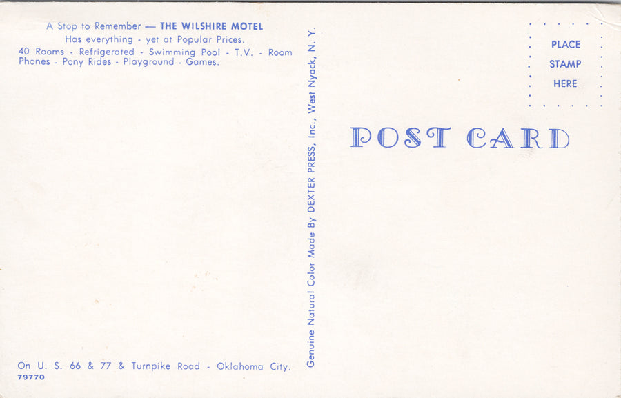 Route 66 The Wilshire Motel Oklahoma City OK Unused Vintage Postcard SP15