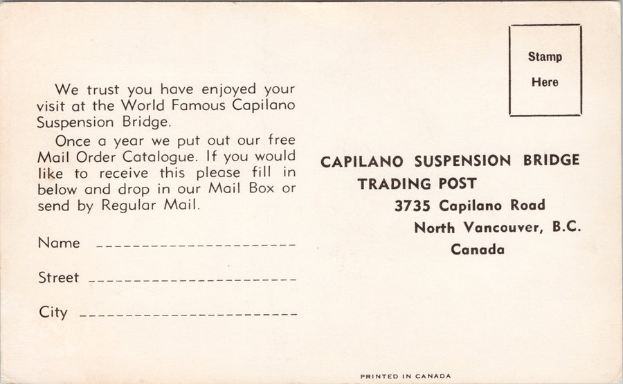 North Vancouver BC Capilano Suspension Bridge Trading Post Advertising Postcard SP15