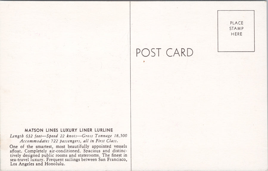 Matson Lines Luxury Liner Lurline Ship Boat Unused Postcard SP15