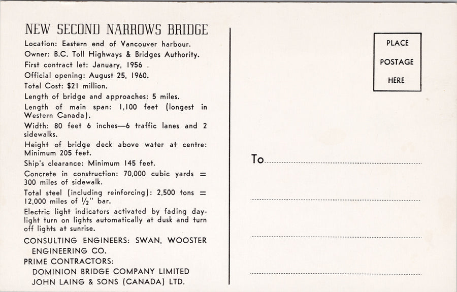 Vancouver BC New Second Narrows Bridge British Columbia Specs Litho Postcard SP15