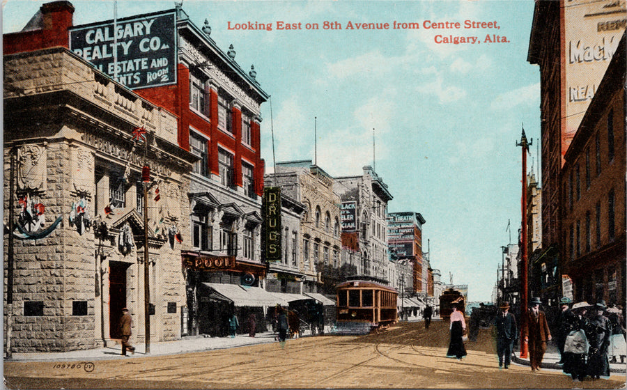 Calgary Alberta 8th Avenue looking East Trolley Streetcar AB Alta Postcard SP15