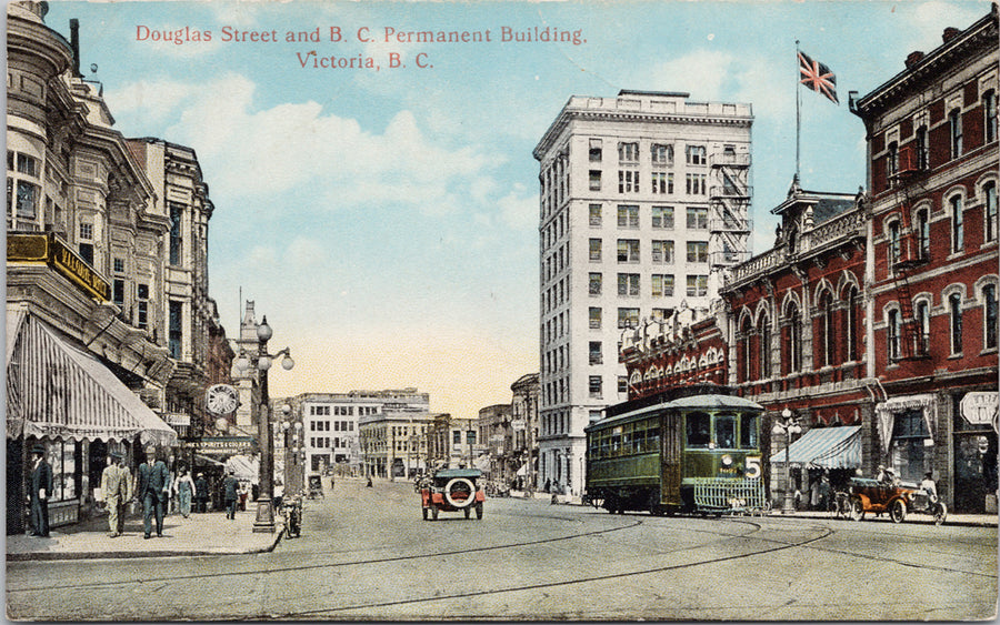 Victoria BC Douglas Street BC Permanent Building British Columbia Streetcar Postcard