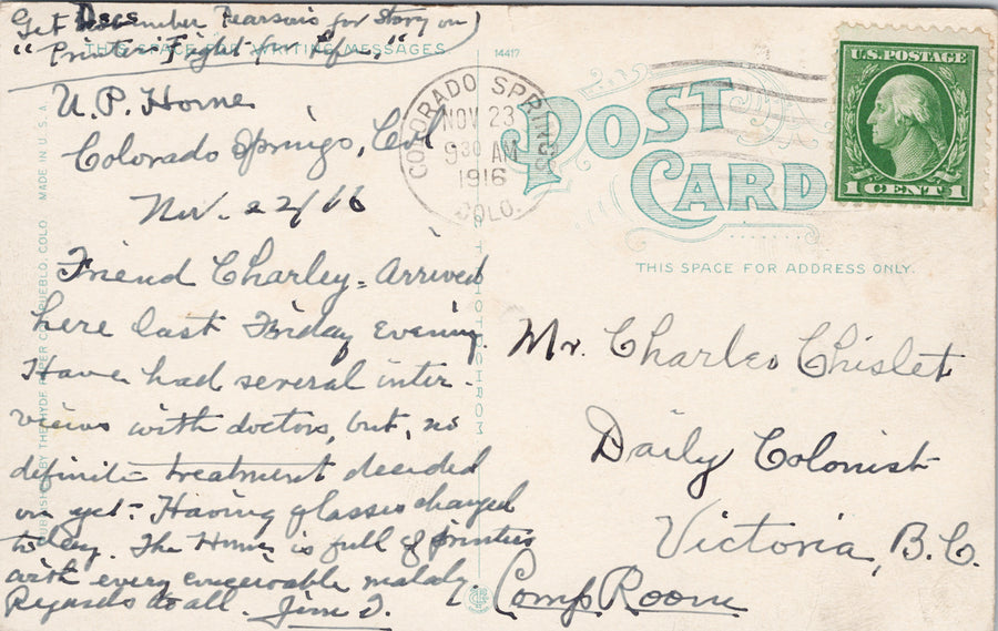 Colorado Springs CO Union Printers Home c1916 Postcard SP16 *as is