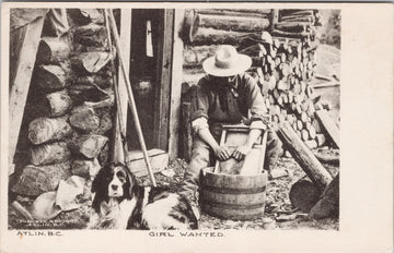Atlin BC 'Girl Wanted' Man and Dog Outside Home Cabin CR Bourne Postcard