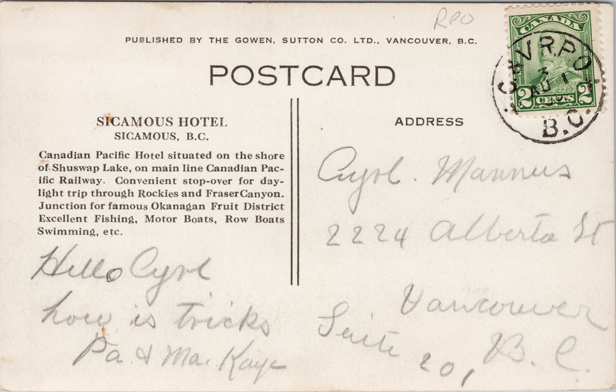 Sicamous Hotel & Shuswap Lake BC Train CP Railway Advert C&V RPO Postcard SP16