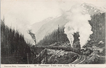 Passenger Train near Field BC Locomotive Trueman's Studio Postcard