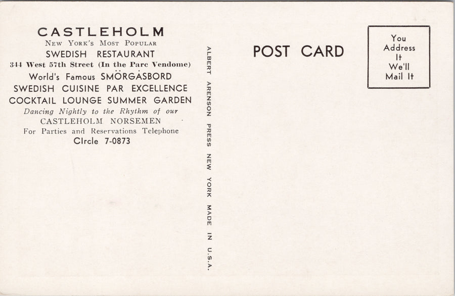 Castleholm Swedish Restaurant New York City NY NYC Advertising Postcard SP16