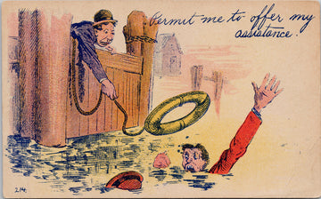Permit Me to Offer Assistance Drowning Man Life Preserver c1909 Postcard