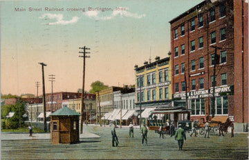 Burlington IA Main Street Railroad Iowa Schlitz Sign c1910 GLB Postcard