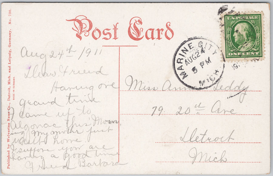 Walpole Island Ontario ON Steamer Boat c1911 Marine City MI Cancel Postcard SP16 *as is