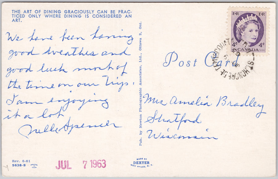 La Touraine Restaurant Ottawa Ontario ON Dining 1963 St Honoré de Témiscouata Cancel Postcard SP16