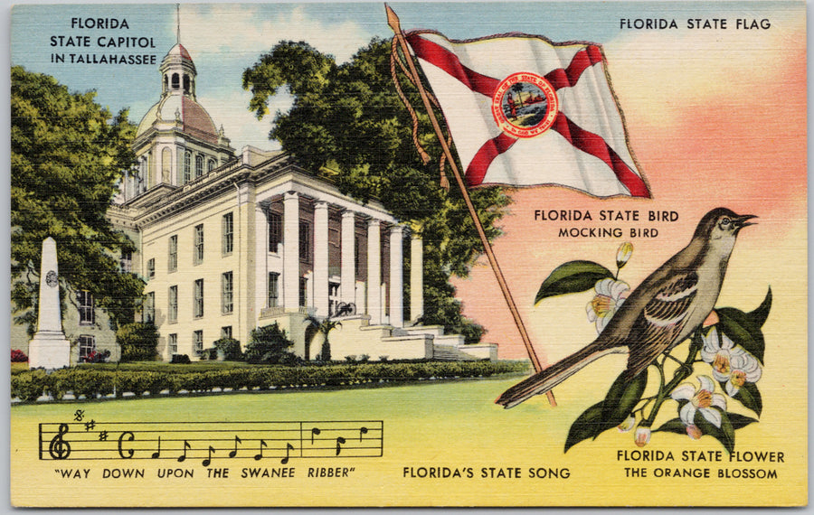 State Capitol Tallahassee FL Florida State Flag Bird Song Flower Linen Postcard 