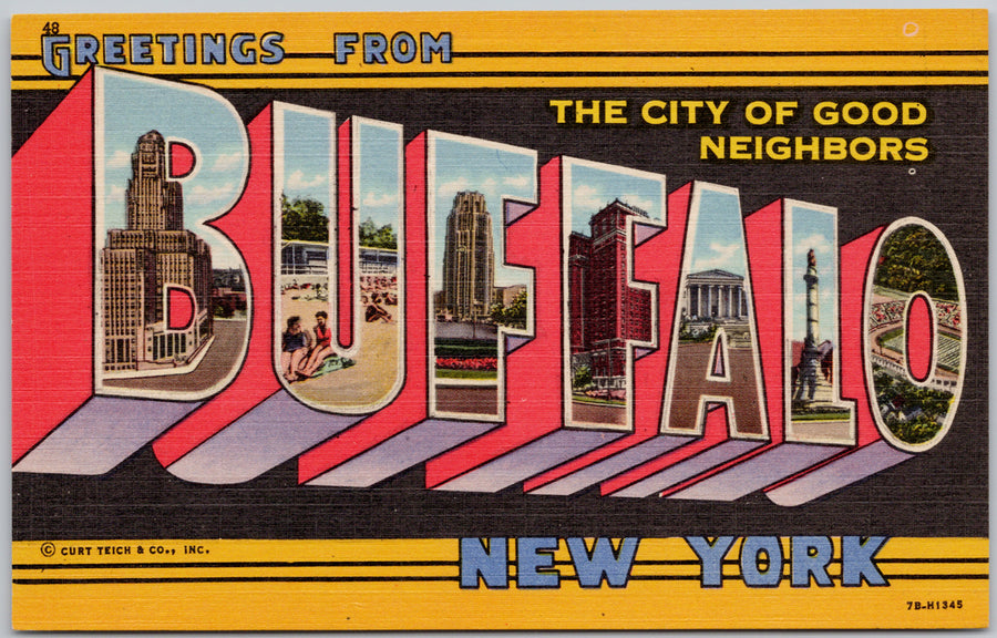 Buffalo New York Large Letter Greetings NY Curt Teich Unused Linen Postcard