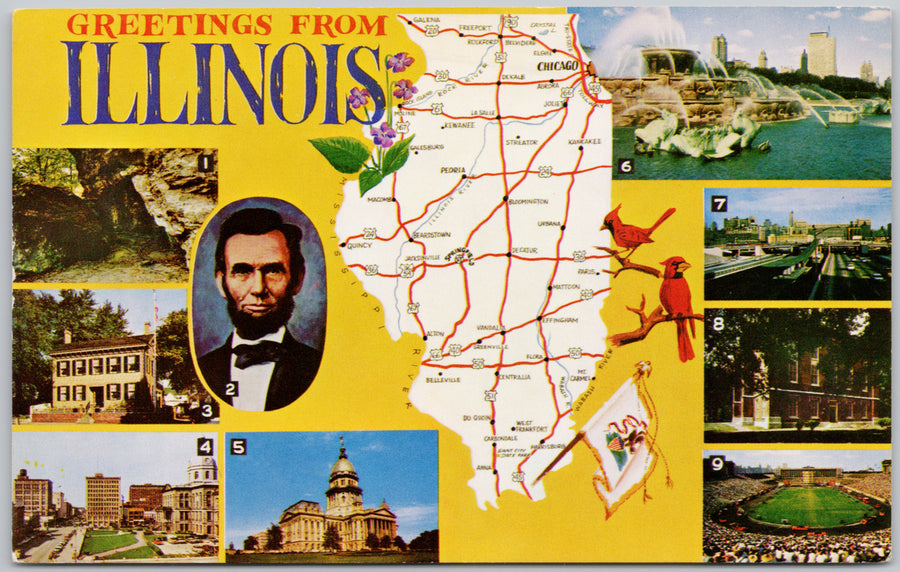 Greetings from Illinois IL Map Lincoln Soldier's Field Knox College Postcard 