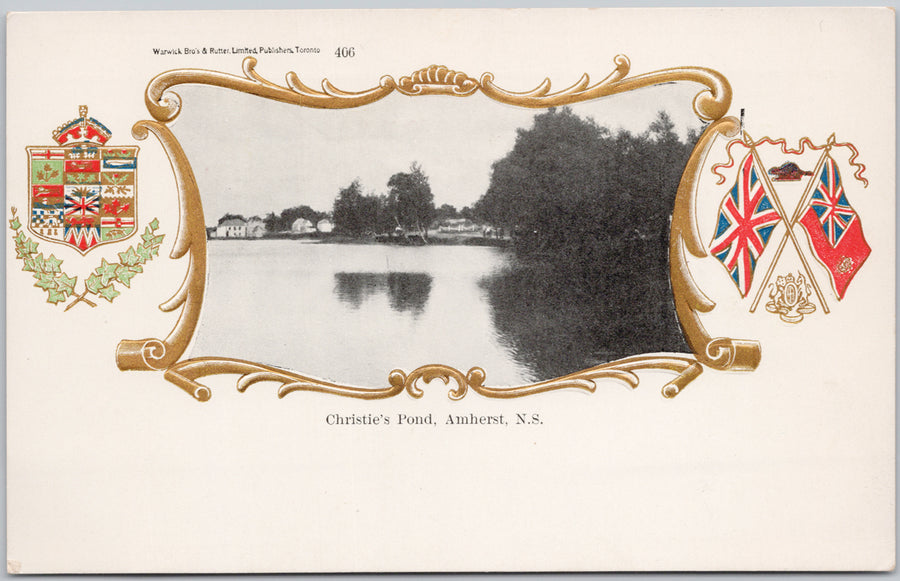 Christie's Pond Amherst Nova Scotia NS Canada Patriotic #406 Warwick Embossed Coat of Arms Flags Canadian Souvenir Postcard