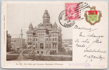 Winnipeg MB City Hall & Volunteer's Monument Postcard